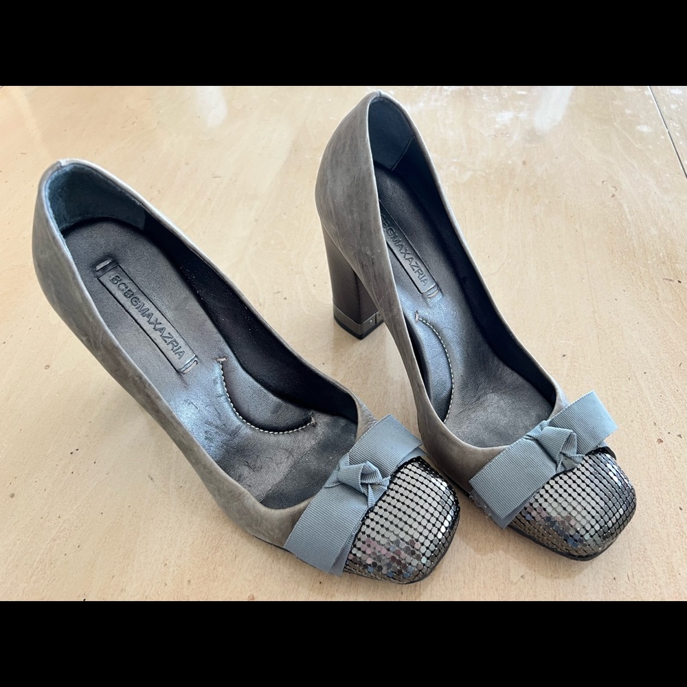 BCBG MaxAzria Sequin Bow Front and Suede Chunky Heel